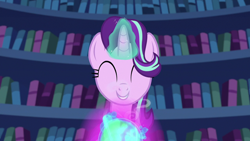 Size: 1280x720 | Tagged: safe, screencap, starlight glimmer, pony, unicorn, every little thing she does, g4, season 6, ^^, book, cute, eyes closed, glimmerbetes, grin, horn, library, magic, magic aura, smiling, solo, telekinesis, twilight's castle, twilight's castle library