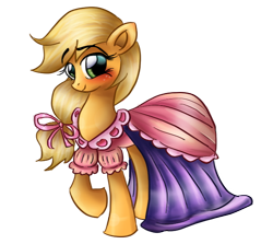 Size: 626x559 | Tagged: safe, artist:loveless-nights, applejack, earth pony, pony, g4, applejack also dresses in style, blushing, clothes, cute, dress, eyelashes, female, hatless, jackabetes, mare, missing accessory, puffy sleeves, raised hoof, simple background, solo, tomboy taming, transparent background