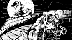 Size: 4252x2364 | Tagged: safe, artist:lexx2dot0, oc, oc only, oc:blackjack, oc:morning glory (project horizons), pegasus, pony, unicorn, fallout equestria, fallout equestria: project horizons, series:ph together we reread, g4, black and white, branded, clothes, dashite, dashite brand, fanfic art, glasses, grayscale, horn, jumpsuit, magic, monochrome, pegasus oc, pipbuck, small horn, telekinesis, vault security armor, vault suit