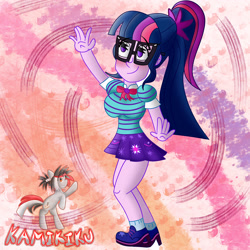 Size: 3000x3000 | Tagged: safe, artist:kamikiku, sci-twi, twilight sparkle, equestria girls, g4, my little pony equestria girls: better together, blushing, breasts, busty sci-twi, eyebrows, eyebrows visible through hair, high res, smiling, solo