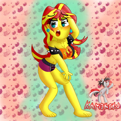 Size: 3000x3000 | Tagged: source needed, safe, artist:kamikiku, sunset shimmer, equestria girls, g4, my little pony equestria girls: better together, armband, barefoot, blushing, breasts, busty sunset shimmer, ear piercing, earring, eyebrows, eyebrows visible through hair, feet, high res, jewelry, open mouth, piercing, solo