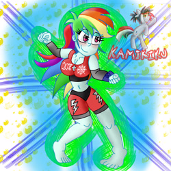 Size: 3000x3000 | Tagged: safe, artist:kamikiku, rainbow dash, equestria girls, g4, my little pony equestria girls: better together, barefoot, blushing, breasts, busty rainbow dash, feet, high res, smiling, solo