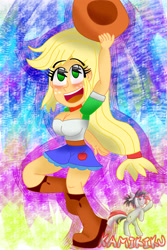 Size: 3000x4500 | Tagged: safe, artist:kamikiku, applejack, equestria girls, equestria girls series, g4, blushing, breasts, busty applejack, eyebrows, eyebrows visible through hair, open mouth, open smile, smiling, solo
