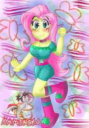 Size: 3150x4500 | Tagged: safe, artist:kamikiku, fluttershy, equestria girls, equestria girls series, g4, blushing, breasts, busty fluttershy, cleavage, eyebrows, eyebrows visible through hair, smiling, solo