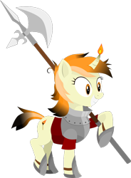 Size: 796x1079 | Tagged: safe, artist:cinder vel, oc, oc only, pony, unicorn, armor, burnt mane, fire, grin, halberd, horn on fire, scorched, simple background, smiling, transparent background, weapon