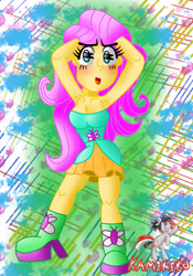 Size: 2100x3000 | Tagged: safe, artist:kamikiku, fluttershy, equestria girls, g4, my little pony equestria girls: better together, :o, arm behind head, blushing, breasts, busty fluttershy, high res, open mouth, solo