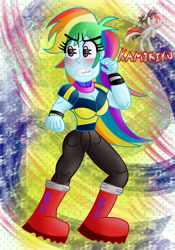 Size: 2100x3000 | Tagged: safe, artist:kamikiku, rainbow dash, equestria girls, g4, my little pony equestria girls: better together, blushing, boots, breasts, busty rainbow dash, eye clipping through hair, eyebrows, eyebrows visible through hair, gritted teeth, high res, shoes, solo, wristband