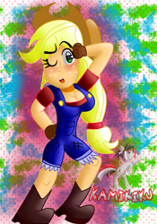 Size: 2100x3000 | Tagged: safe, artist:kamikiku, applejack, equestria girls, equestria girls series, g4, :o, blushing, breasts, busty applejack, cleavage, high res, one eye closed, open mouth, solo