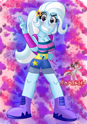 Size: 2100x3000 | Tagged: safe, artist:kamikiku, trixie, equestria girls, g4, my little pony equestria girls: better together, blushing, breasts, busty trixie, cleavage, grin, high res, peace sign, smiling, solo