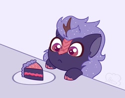 Size: 2048x1610 | Tagged: dead source, safe, artist:cloudberry_mess, oc, oc only, oc:night glow, kirin, :<, cake, chibi, cute, ear fluff, eyes on the prize, female, food, hooves on the table, kirin oc, looking at something, ocbetes, simple background, solo, white background