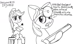 Size: 1280x769 | Tagged: safe, artist:ewoudcponies, apple bloom, applejack, earth pony, pony, g4, black and white, female, filly, grayscale, gun, injured, inktober, inktober 2019, mare, monochrome, shotgun, text, traditional art, weapon