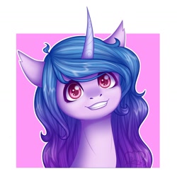 Size: 1024x1007 | Tagged: safe, artist:cloudberry_mess, izzy moonbow, pony, unicorn, g5, abstract background, bust, cute, female, izzybetes, looking at you, mare, portrait, smiling, solo