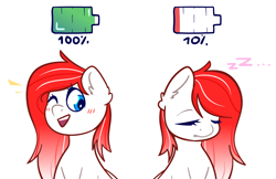 Size: 3400x2200 | Tagged: safe, anonymous artist, oc, oc only, oc:making amends, pony, blushing, bust, charge, commission, cute, duality, emanata, eyes closed, female, high res, low battery, mare, ocbetes, one eye closed, onomatopoeia, open mouth, open smile, simple background, sleepy, smiling, solo, sound effects, white background, wink, ych result, zzz