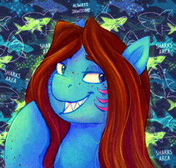 Size: 1380x1322 | Tagged: safe, artist:equmoria, original species, shark, shark pony, female, grin, looking at you, mare, sharp teeth, smiling, solo, teeth