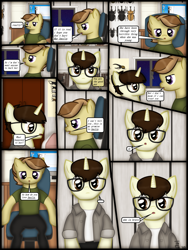 Size: 1750x2333 | Tagged: safe, artist:99999999000, oc, oc only, oc:cwe, oc:zhang cathy, earth pony, pony, comic:visit, chair, clothes, comic, computer, female, glasses, male