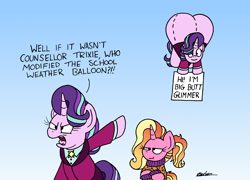Size: 2812x2025 | Tagged: safe, artist:bobthedalek, luster dawn, starlight glimmer, pony, unicorn, g4, angry, balloon, big butt skinner, butt, clothes, crossed hooves, daughters gonna daughter, female, funny, funny as hell, glimmer glutes, headmare starlight, high res, huge butt, implied trixie, impossibly large butt, inconvenient luster dawn, large butt, luster dawn is starlight's and sunburst's daughter, male, mare, mother and child, mother and daughter, older, older starlight glimmer, parent:starlight glimmer, parent:sunburst, parents:starburst, plot, prank, sign, simpsons did it, smug, starlight glimmer is not amused, sweater, the simpsons, this will end in detention, this will end in grounding, this will end in gulag, unamused, weather balloon