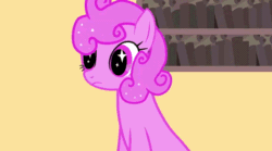 Size: 512x285 | Tagged: safe, artist:crystalstarstudio, oc, oc only, oc:galaxy fun, earth pony, pony, animated, cupcake, cyrillic, dream keepers (crystal star studio), earth pony oc, female, food, gif, grin, hoof hold, mare, non-looping gif, pink eyes, russian, smiling, solo, sparkly eyes, talking, wingding eyes, youtube link