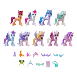 Size: 2000x2000 | Tagged: safe, dazzle feather, izzy moonbow, pipp petals, queen haven, ruddy sparks, shutter snap, sunny starscout, zipp storm, zoom zephyrwing, earth pony, pegasus, pony, unicorn, g5, my little pony: a new generation, official, female, high res, male, mare, simple background, stallion, toy, white background