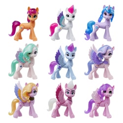 Size: 2000x2000 | Tagged: safe, dazzle feather, izzy moonbow, pipp petals, queen haven, ruddy sparks, shutter snap, sunny starscout, zipp storm, zoom zephyrwing, earth pony, pegasus, pony, unicorn, g5, my little pony: a new generation, official, female, high res, male, mare, simple background, stallion, toy, white background
