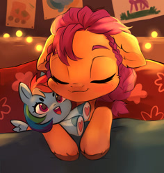 Size: 2196x2330 | Tagged: safe, artist:sofiko-ko, rainbow dash, sunny starscout, earth pony, pony, g5, bed, braid, cute, dashabetes, eyes closed, female, filly, filly sunny starscout, floppy ears, high res, light, plushie, rainbow dash plushie, sleeping, solo, sunnybetes, toy, unshorn fetlocks, younger