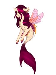 Size: 768x1024 | Tagged: safe, artist:delfinaluther, oc, oc only, pony, seapony (g4), unicorn, clothes, dorsal fin, fin wings, fins, fish tail, flowing tail, looking up, orange eyes, red mane, seaponified, see-through, simple background, smiling, solo, species swap, tail, white background, wings