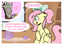 Size: 4333x3134 | Tagged: safe, artist:jellysketch, discord, fluttershy, draconequus, pegasus, pony, g4, blushing, comic, cup, dialogue, female, heart, high res, male, ship:discoshy, shipping, shy, straight, teacup