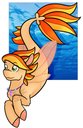 Size: 1157x1778 | Tagged: safe, artist:spitfire-sos, oc, oc only, pegasus, pony, seapony (g4), commission, digital art, dorsal fin, fin wings, fins, fish tail, flowing tail, green eyes, jewelry, logo, necklace, photo, seaponified, simple background, smiling, solo, species swap, tail, transparent background, underwater, water, wings