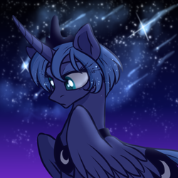 Size: 2000x2000 | Tagged: safe, artist:not-ordinary-pony, derpibooru exclusive, princess luna, alicorn, pony, g4, alternate hairstyle, eye clipping through hair, female, high res, mare, night, s1 luna, short mane, solo, stars
