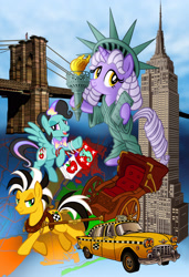 Size: 2026x2961 | Tagged: safe, artist:tygerbug, oc, pony, bag, big apple ponycon, bowtie, brooklyn bridge, empire state building, female, high res, male, new york city, poster, shopping bag, statue of liberty, taxi