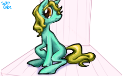 Size: 2000x1258 | Tagged: safe, artist:saltycube, oc, oc only, earth pony, pony, abstract background, blank flank, female, mare, sitting, smiling, solo
