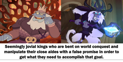 Size: 2814x1425 | Tagged: safe, edit, edited screencap, screencap, storm king, newt, yeti, anthro, g4, my little pony: the movie, spoiler:amphibia, amphibia, antagonist, armor, beard, canterlot castle, claws, comparison, crossover, crown, disney, evil grin, eyebrows, facial hair, fangs, glowing, grin, horns, jewelry, king andrias leviathan, magic, meme, moustache, open mouth, raised eyebrow, regalia, similarities, smiling, spoilers for another series, staff, staff of sacanas, stained glass, storm king's emblem, tail, text, throne