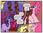 Size: 1032x798 | Tagged: safe, artist:jacalope, artist:princebluemoon3, pinkie pie, twilight sparkle, earth pony, pony, unicorn, comic:you are what you eat, chocolate, comic, eating, fat, food, golden oaks library, levitation, magic, speech bubble, telekinesis, this will end in weight gain, unicorn twilight