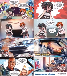 Size: 2876x3284 | Tagged: safe, artist:merryweather comics, applejack, fluttershy, rainbow dash, rarity, bee, bumblebee, human, g4, barely pony related, comic, crossover, dominic toretto, grin, high res, optimus prime, smiling, the fast and the furious, thumbs up, transformers, vin diesel