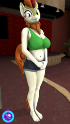 Size: 2160x3840 | Tagged: safe, artist:pootanger_sfm, autumn blaze, kirin, anthro, plantigrade anthro, g4, 3d, barefoot, bra, clothes, commissioner:equestriaguy637, crop top bra, daisy dukes, feet, high res, looking at you, shorts, smiling, source filmmaker, stage, standing, underwear