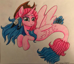 Size: 2630x2281 | Tagged: safe, artist:bozzerkazooers, oc, oc only, alicorn, pony, seapony (g4), alicorn oc, blue eyes, dorsal fin, eyelashes, feather, female, fin wings, fish tail, flowing mane, hat, high res, horn, multicolored hair, seaponified, simple background, smiling, solo, species swap, tail, white background, wings