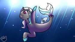 Size: 3248x1846 | Tagged: safe, artist:tigerdc, oc, oc only, pony, seapony (g4), unicorn, bubble, crepuscular rays, dorsal fin, fins, fish tail, flowing tail, horn, logo, ocean, purple eyes, seaponified, smiling, solo, species swap, sunlight, swimming, tail, underwater, water