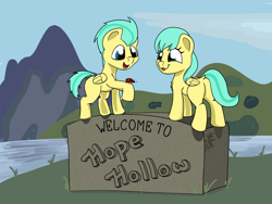 Size: 1600x1201 | Tagged: safe, artist:agent-diego, barley barrel, pickle barrel, insect, ladybug, pegasus, pony, g4, my little pony: rainbow roadtrip, barrel twins, barrelbetes, brother and sister, colt, cute, female, filly, hope hollow, male, mountain, river, siblings, sky, tongue out, twins