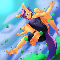 Size: 3000x3000 | Tagged: safe, artist:artsenravenbrave, scootaloo, pegasus, anthro, g4, anklet, ass, barefoot, butt, clothes, feet, female, fetish, foot fetish, high res, jeans, jewelry, leaf, leaves, older, older scootaloo, pants, peace sign, ripped jeans, ripped pants, scarf, soles, solo, tongue out, torn clothes, tube top