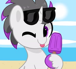 Size: 2048x1865 | Tagged: safe, artist:kittyrosie, oc, oc only, oc:haze rad, pony, unicorn, :p, beach, commission, commissioner:biohazard, cute, food, highlights, horn, looking at you, male, ocbetes, one eye closed, popsicle, simple background, solo, stallion, sun, sunglasses, tongue out, unicorn oc, unshorn fetlocks, wink, ych result