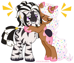 Size: 1200x1022 | Tagged: safe, artist:jennieoo, oc, oc:adrianee, oc:donut daydream, pony, unicorn, zebra, adream, donut, food, happy, hug, show accurate, simple background, smiling, sprinkles, transparent background, vector
