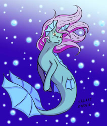 Size: 600x709 | Tagged: safe, artist:tigerpixie16, oc, oc only, merpony, sea pony, seapony (g4), bubble, crepuscular rays, fins, fish tail, flowing mane, looking up, ocean, open mouth, pink mane, signature, solo, sunlight, tail, underwater, water, yellow eyes