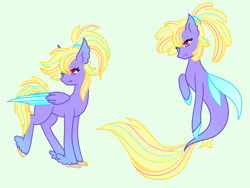 Size: 1280x960 | Tagged: safe, artist:ocean-drop, oc, oc only, classical hippogriff, hippogriff, seapony (g4), dorsal fin, feather, fin wings, fins, flowing tail, interspecies offspring, magical lesbian spawn, offspring, parent:princess skystar, parent:rainbow dash, pink eyes, simple background, solo, tail, wings, yellow mane