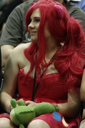 Size: 534x800 | Tagged: safe, artist:breefaith, pinkie pie, human, bronycon, bronycon 2012, g4, bare shoulders, brittany lauda, clothes, cosplay, costume, irl, irl human, jewelry, necklace, pearl necklace, photo, sitting, sleeveless, strapless