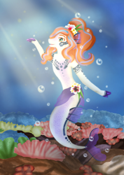 Size: 2059x2912 | Tagged: safe, artist:witchykittyarts, oc, oc only, merpony, bubble, crepuscular rays, dorsal fin, female, fins, fish tail, flower, flower in hair, flowing tail, green eyes, high res, looking up, ocean, open mouth, solo, sunlight, tail, underwater, water