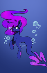 Size: 540x831 | Tagged: safe, artist:calla--lily, oc, oc only, merpony, pony, seapony (g4), unicorn, bubble, crepuscular rays, deviantart watermark, female, fins, fish tail, flowing mane, looking at you, obtrusive watermark, ocean, purple mane, redraw, seaponified, signature, simple background, smiling, solo, species swap, tail, underwater, water, watermark