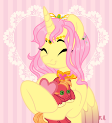 Size: 1828x2000 | Tagged: safe, artist:vi45, big macintosh, fluttershy, oc, oc only, oc:princess fluttershy, alicorn, pony, au:friendship is kindness, g4, alicorn oc, alicornified, alternate design, alternate hairstyle, alternate universe, commission, doll, element of kindness, eyes closed, female, gift giving, hearts and hooves day, horn, jewelry, love letter, male, mare, race swap, ship:fluttermac, shipping, smiling, solo, straight, tiara, toy, wings, ych result