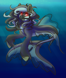 Size: 1600x1900 | Tagged: safe, artist:sketchytwi, oc, oc only, merpony, seapony (g4), crepuscular rays, dorsal fin, fish tail, flowing mane, flowing tail, glowing eyes, grin, looking at you, ocean, red eyes, smiling, solo, sunlight, swimming, tail, teeth, underwater, unshorn fetlocks, water