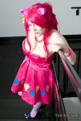 Size: 600x900 | Tagged: safe, artist:breefaith, artist:thebigtog, pinkie pie, human, g4, anime boston, anime boston 2012, bare shoulders, breasts, brittany lauda, cleavage, clothes, cosplay, costume, irl, irl human, jewelry, necklace, pearl necklace, photo, sleeveless, strapless