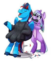 Size: 2634x3134 | Tagged: safe, artist:luximus17, oc, oc only, oc:andrew swiftwing, oc:pizazz, pegasus, pony, chair, clothes, comb, glasses, haircut, high res, mane styling, scarf