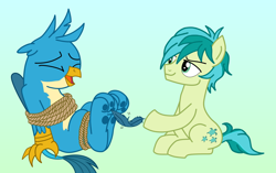 Size: 2700x1699 | Tagged: safe, artist:jeannedu30, artist:lulow, gallus, sandbar, earth pony, griffon, pony, g4, bondage, feather, fetish, interspecies, laughing, male, paw fetish, paw pads, paws, redone, remake, rope, rope bondage, smiling, smirk, tickle fetish, tickle torture, tickling, tied up, toes, underpaw
